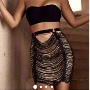 House of CB Skirts Black Draped Fringe and Sheer Nude Mini Skirt |Black |Size: M